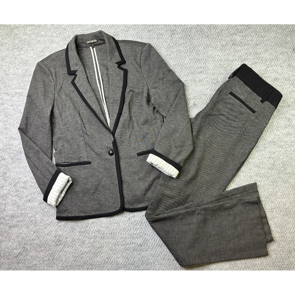 Express Gray Black Trim Blazer L Columnist Pants 12R 2 Piece Suit Career Work